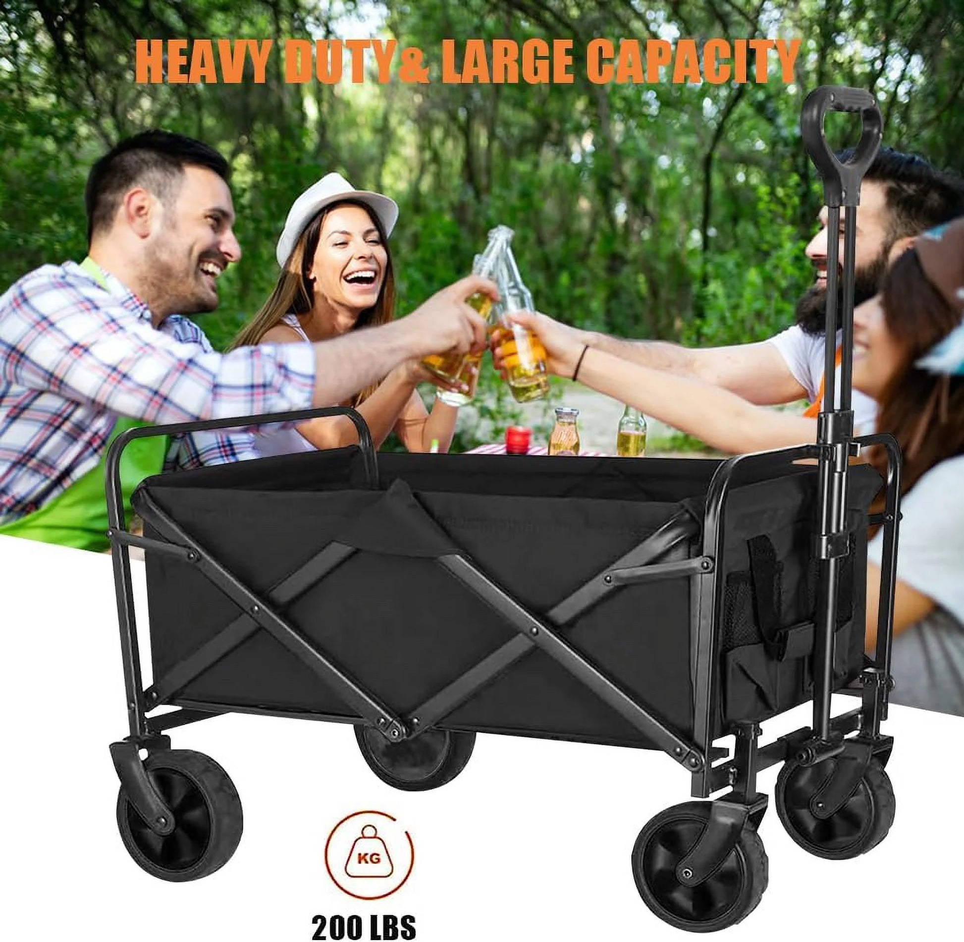 Durable Folding Wagon - 200 Lb Capacity, All-Terrain Wheels, Adjustable Handle,Outdoor Utility, Portable Design
